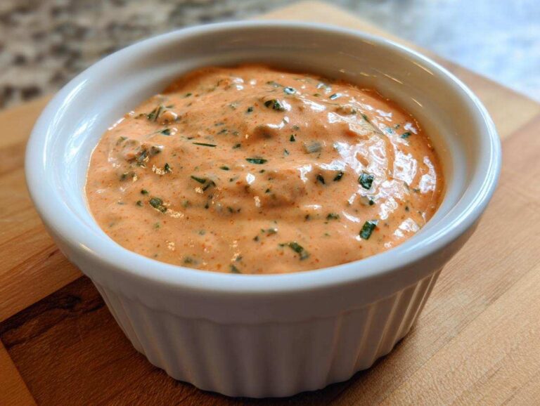 A close-up shot of thick, orange-hued remoulade sauce speckled with green herbs, served in a small white ramekin.