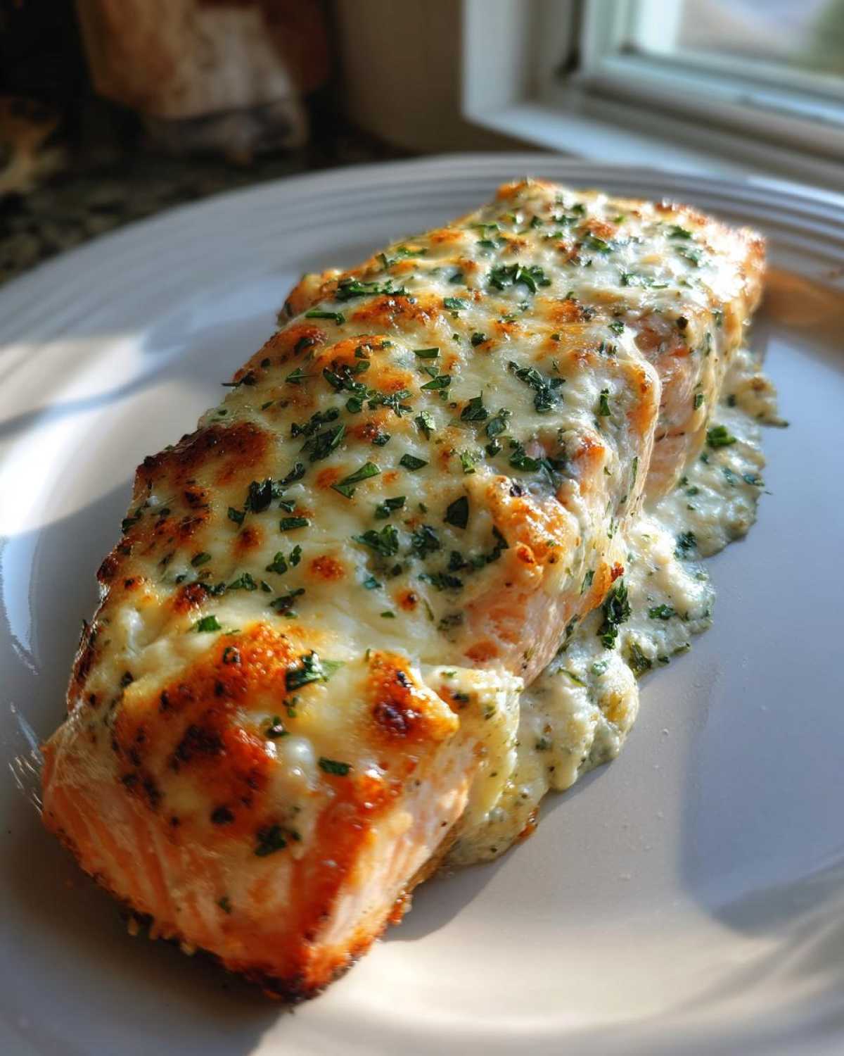 A close-up of a baked Boursin Salmon fillet topped with melted, bubbly cheese and fresh parsley.