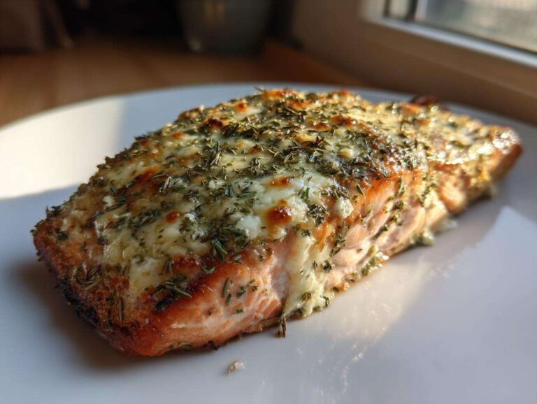 A close-up of a cooked salmon fillet topped with melted Boursin cheese and dried herbs.