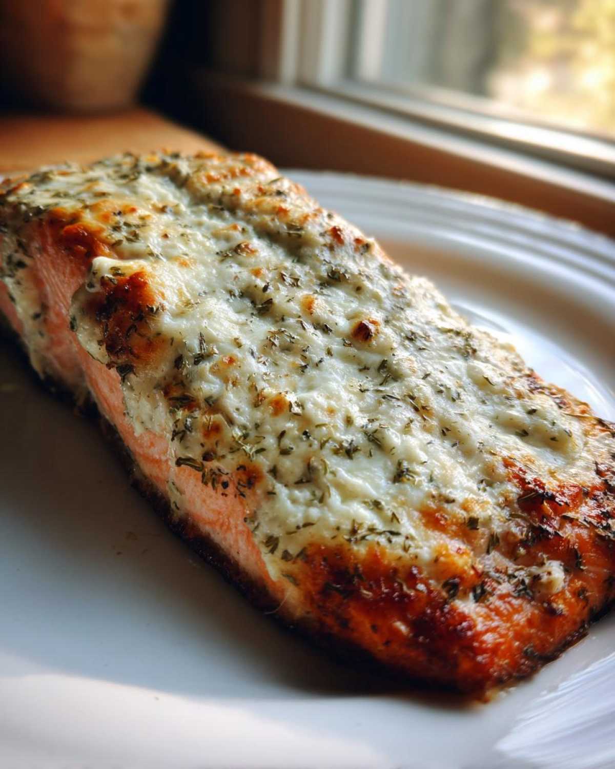 A perfectly baked fillet of Boursin Salmon topped with melted, herbed cheese.