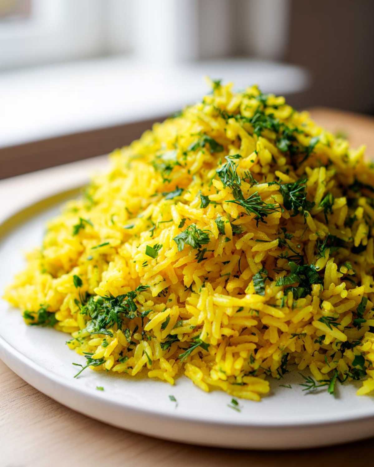 A mound of vibrant, yellow mediterranean rice topped generously with chopped fresh parsley and dill.