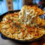 A wooden spoon lifts a serving of cheesy Chicken Spaghetti from a cast iron skillet, showing long cheese pulls.