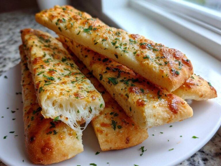 Close-up of cheesy Keto Garlic Breadsticks stacked on a white plate, showing a satisfying cheese pull.
