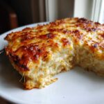 A close-up of a slice of Cheesy Lentil Bake Comfort Food showing creamy interior and a bubbly, browned cheese crust.