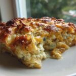 A close-up of a serving of Cheesy Lentil Bake Comfort Food with a bubbly, golden-brown cheesy top.