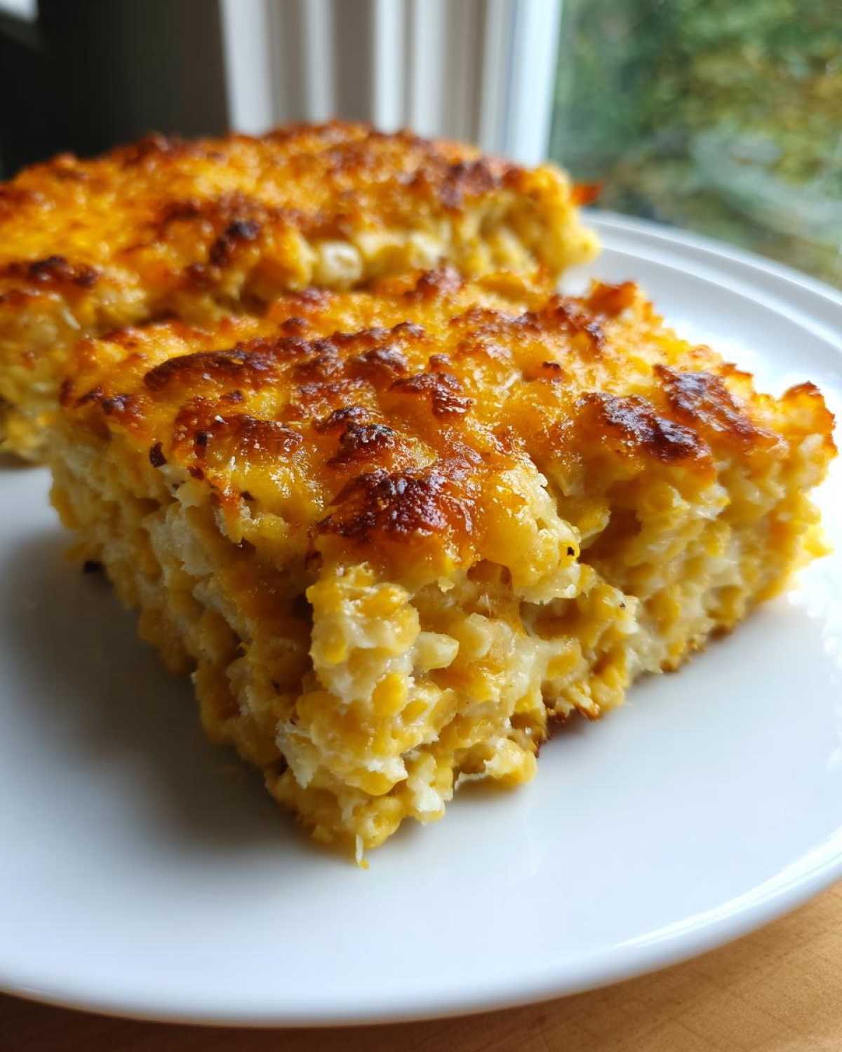 Close-up of a hearty slice of Cheesy Lentil Bake Comfort Food showing creamy texture and a deeply browned, cheesy crust.