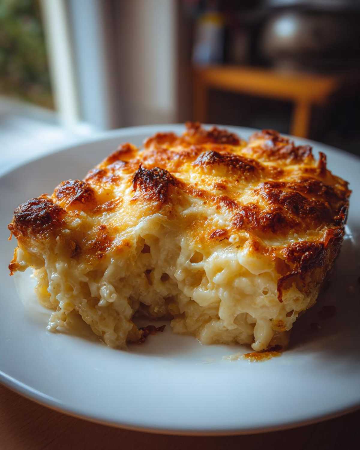 A close-up of a square serving of Cheesy Lentil Bake Comfort Food with a deeply browned, bubbly cheese crust.