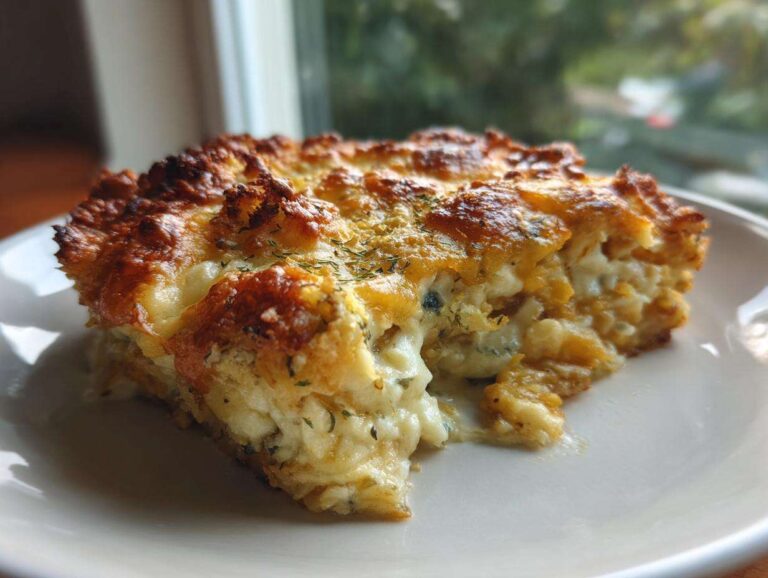A close-up of a serving of Cheesy Lentil Bake Comfort Food with a bubbly, golden-brown cheesy top.