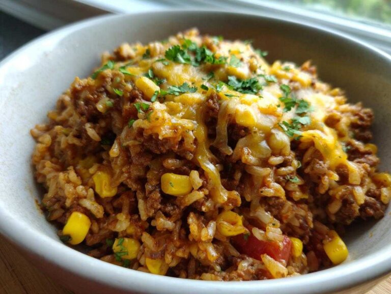 Close-up of a serving of cheesy Mexican rice casserole with ground meat, corn, and fresh cilantro garnish.