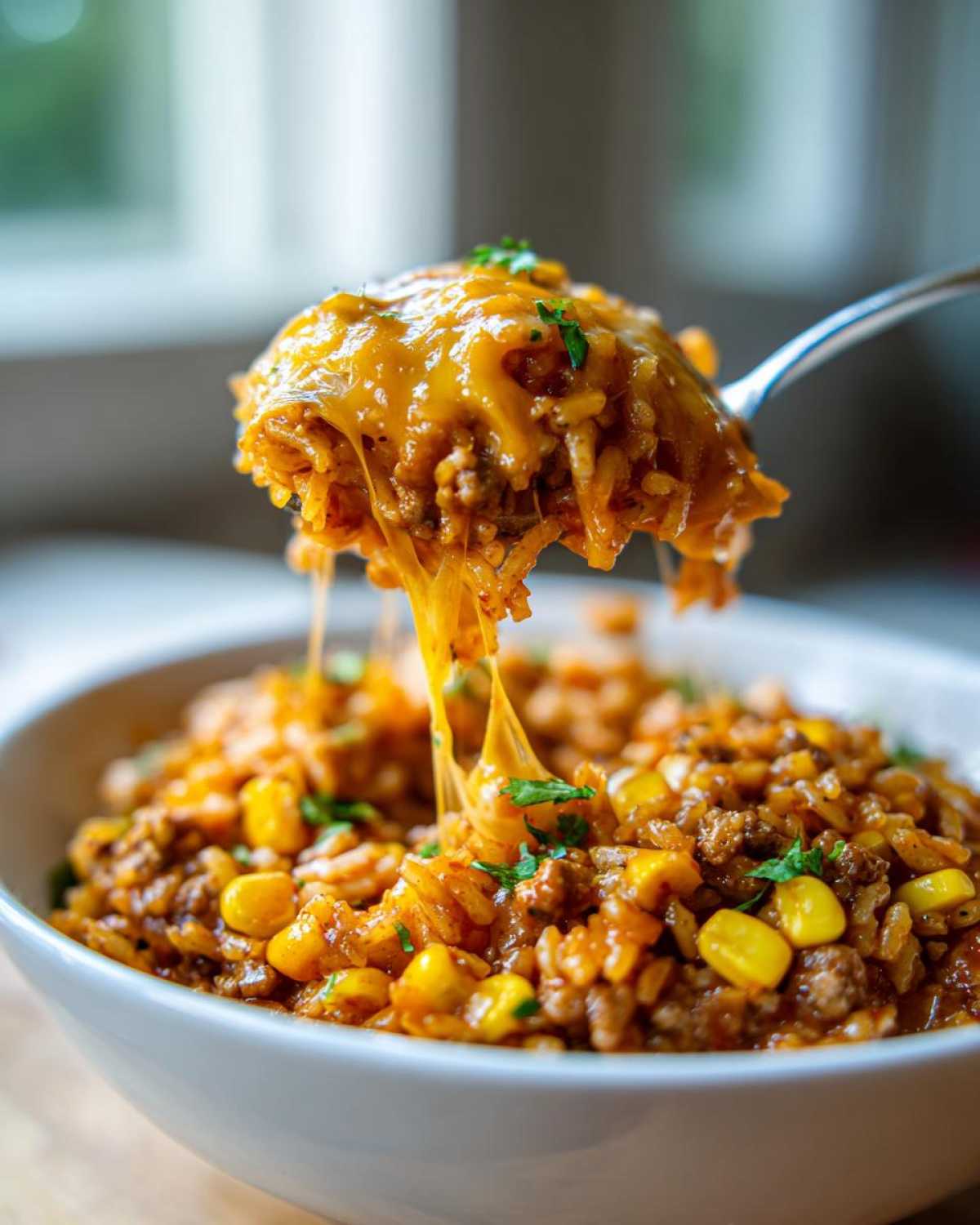 A spoonful of cheesy Mexican rice casserole showing a dramatic cheese pull over a white bowl.