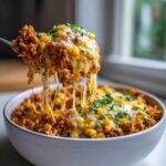 A spoonful of cheesy Mexican rice casserole being lifted, showing long cheese pulls, topped with corn and parsley.
