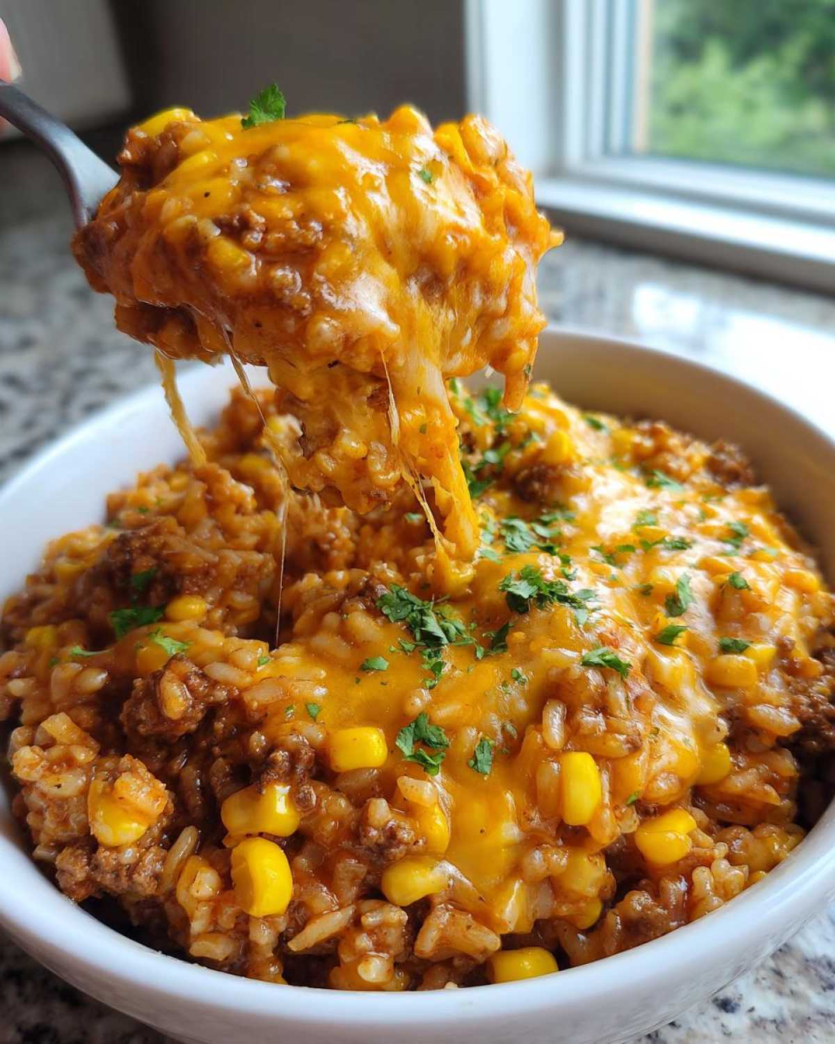 A spoonful of cheesy Mexican rice casserole featuring ground beef and corn, showing a dramatic cheese pull.