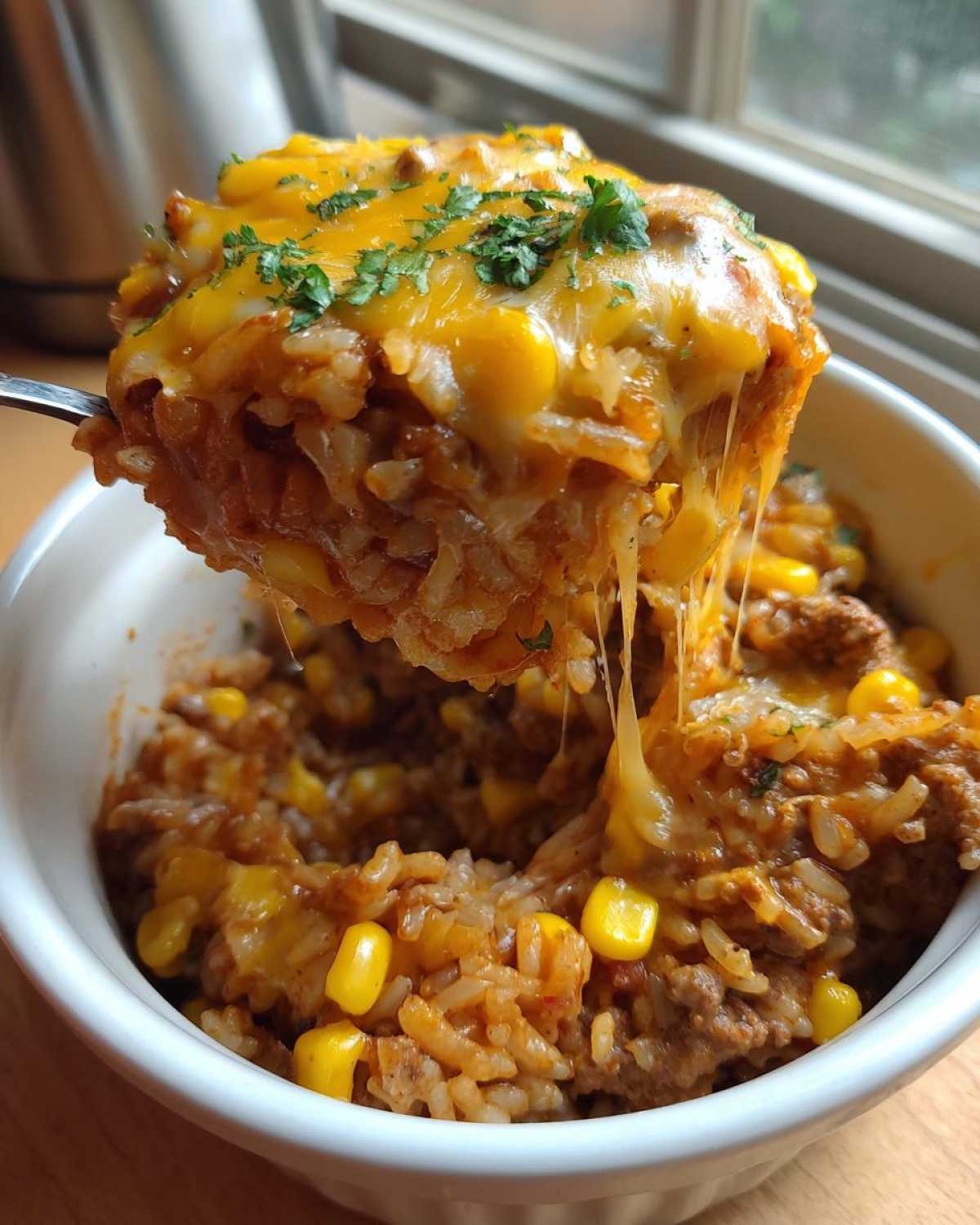 A spoonful of cheesy Mexican rice casserole showing melted cheese strings, corn, and ground meat.