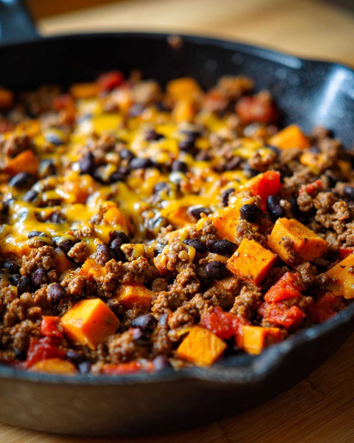 Close-up of a savory sweet potato skillet mixture with ground meat, black beans, and melted cheddar cheese.