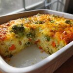 A freshly baked Cheesy Veggie Quinoa Casserole with a golden, bubbly cheese top, showing broccoli and carrots throughout.