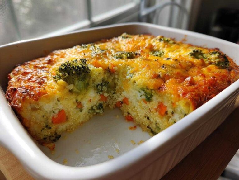 A freshly baked Cheesy Veggie Quinoa Casserole with a golden, bubbly cheese top, showing broccoli and carrots throughout.