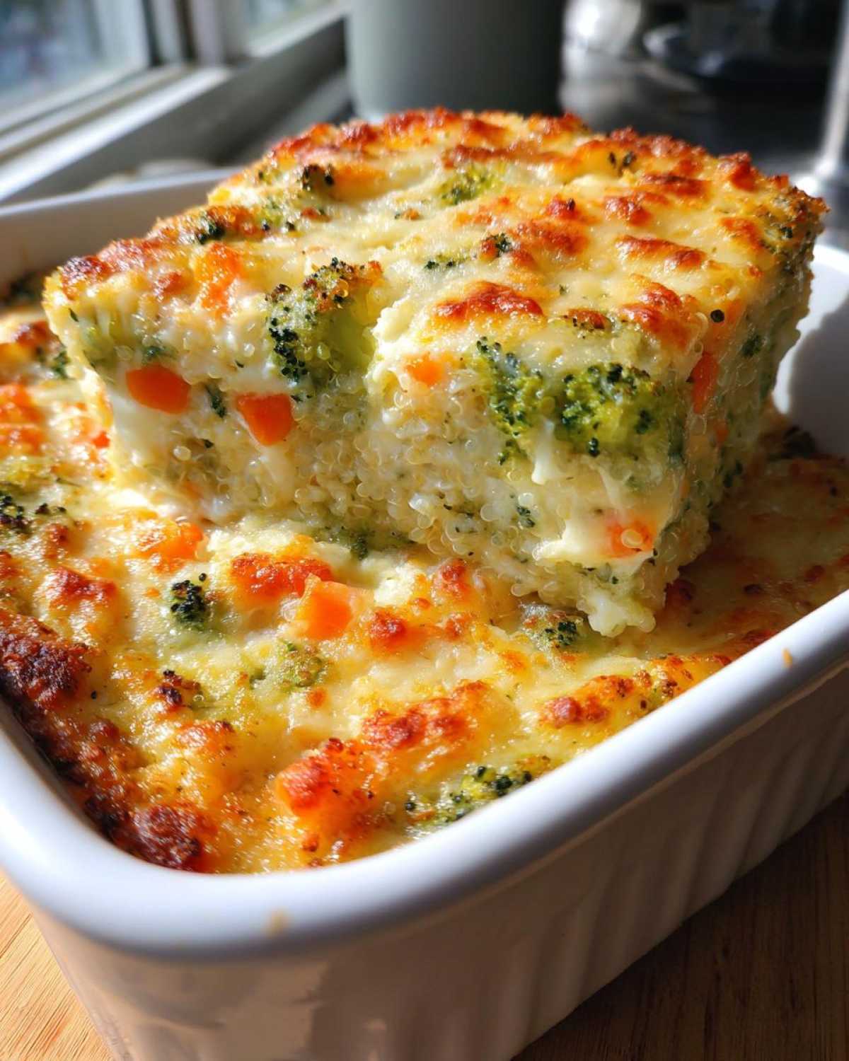 A square slice of Cheesy Veggie Quinoa Casserole lifted from a white baking dish, showing melted cheese and vegetables.