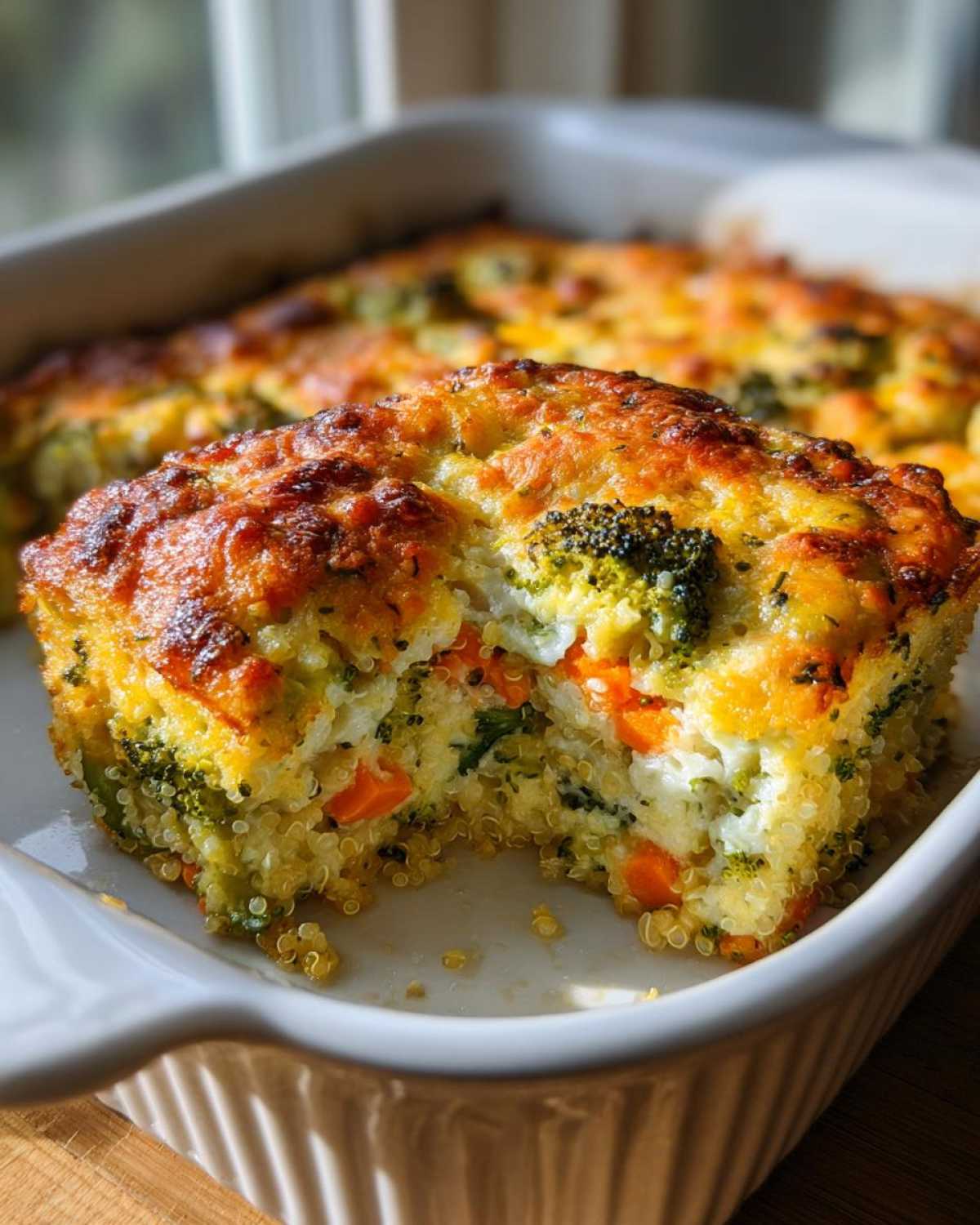 A square portion of Cheesy Veggie Quinoa Casserole with broccoli and carrots, showing a golden, baked cheese crust.
