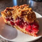 Close-up of a slice of moist cherry dump cake with a crumbly, golden topping on a white plate.