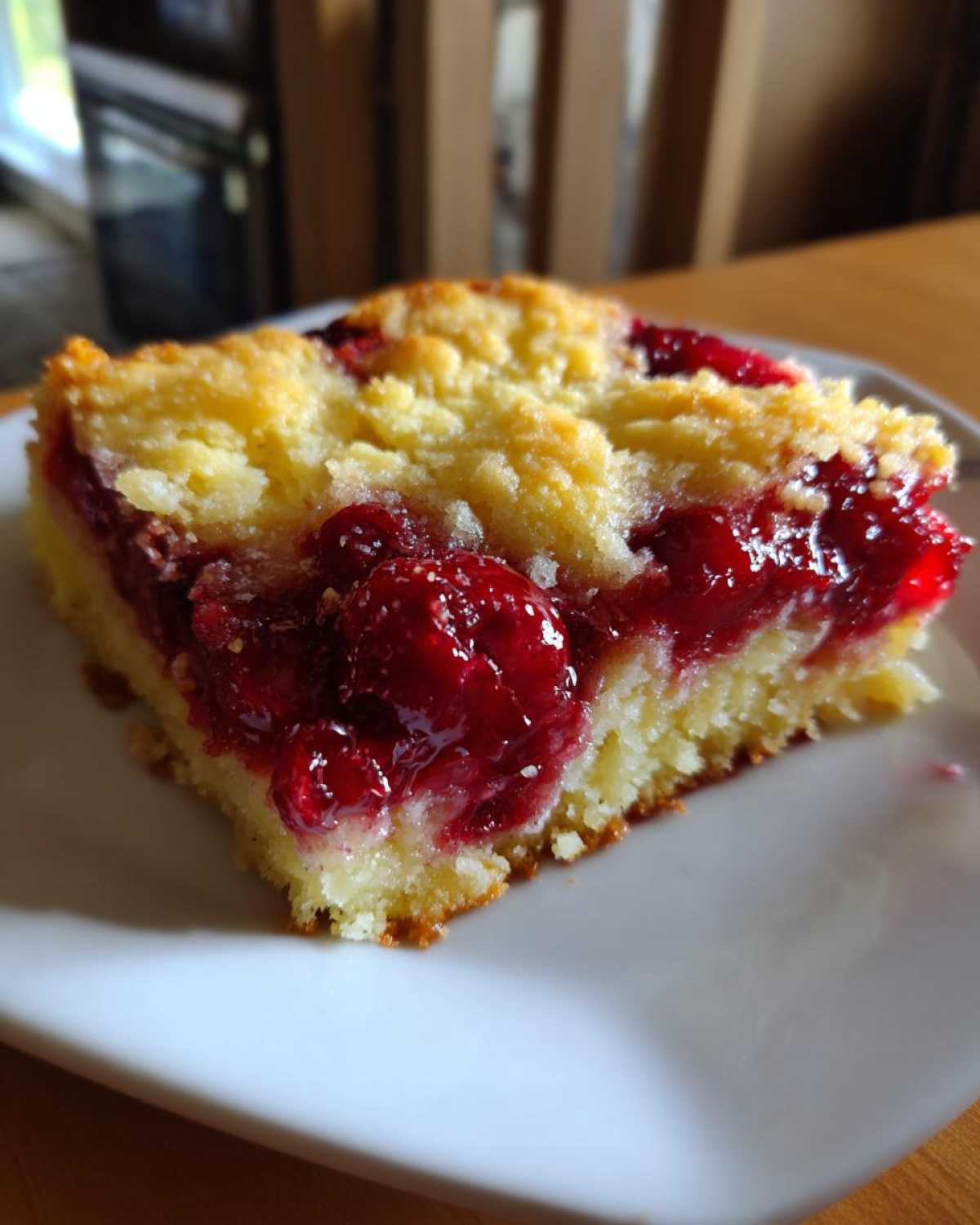 A close-up of a square slice of cherry dump cake with a bright red cherry filling and crumbly topping.