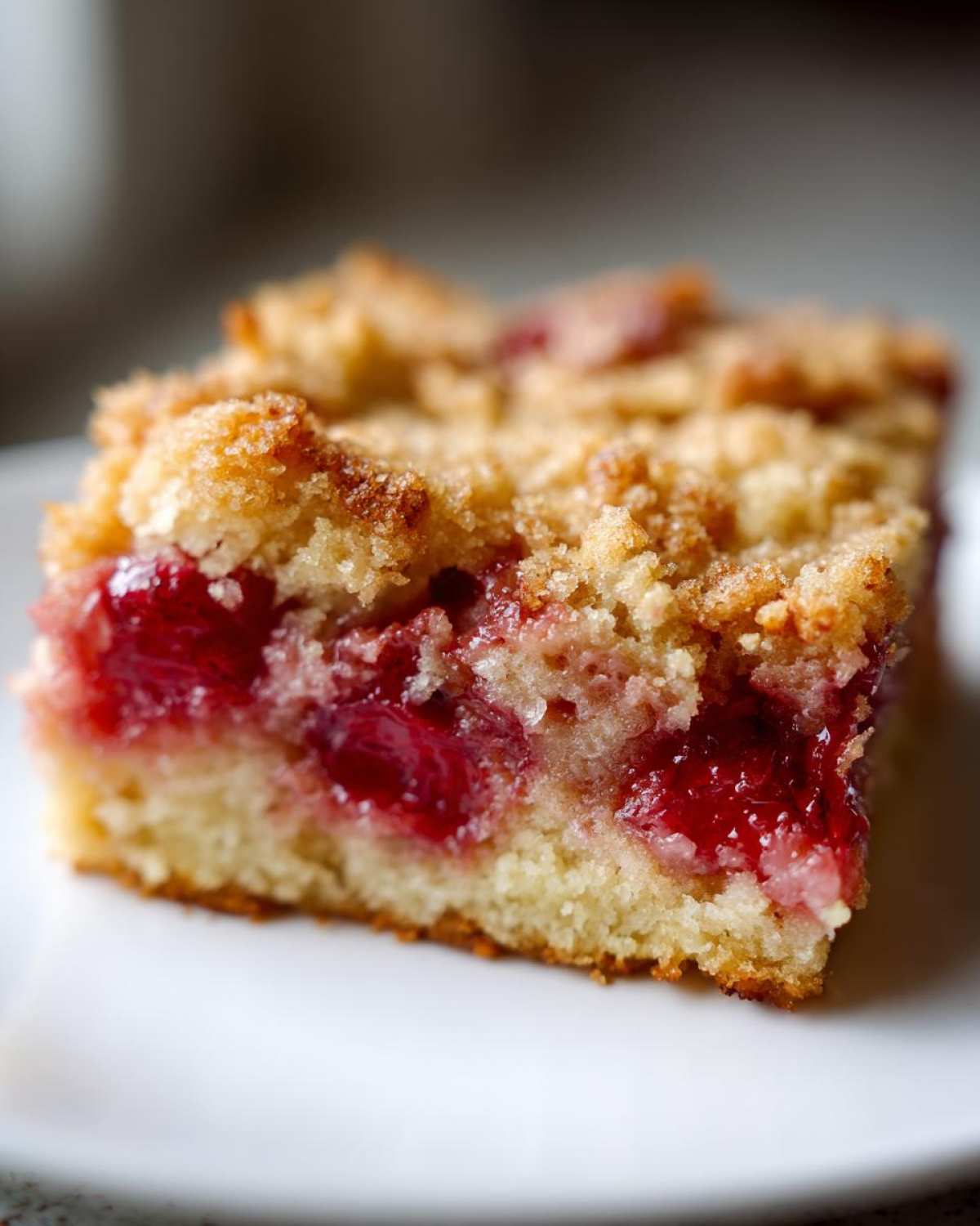 A close-up view of a square slice of cherry dump cake showing the bright red cherry filling and crumbly topping.