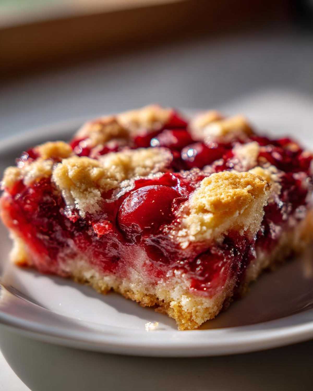 A close-up, sunlit shot of a square slice of cherry dump cake with a gooey cherry filling and crumbly topping on a white plate.
