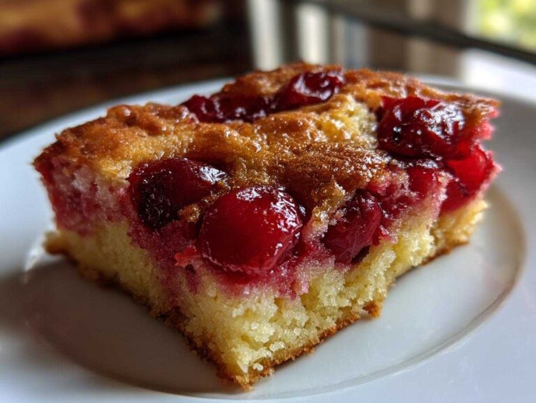Close-up of a moist slice of cherry dump cake with a golden top and bright red cherries baked in.