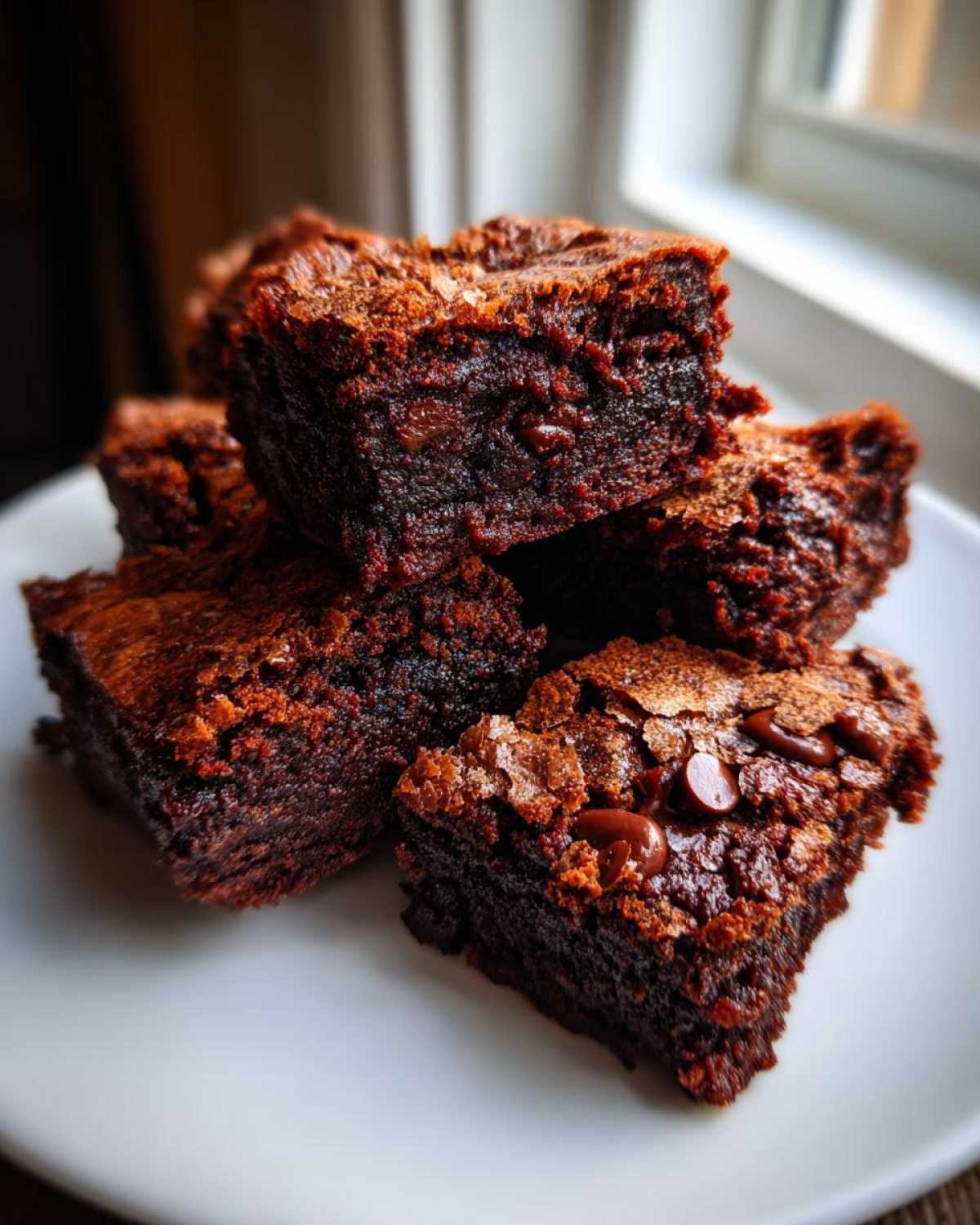 Close-up of chewy brownies made with brown butter stacked on a white plate, showing fudgy centers.