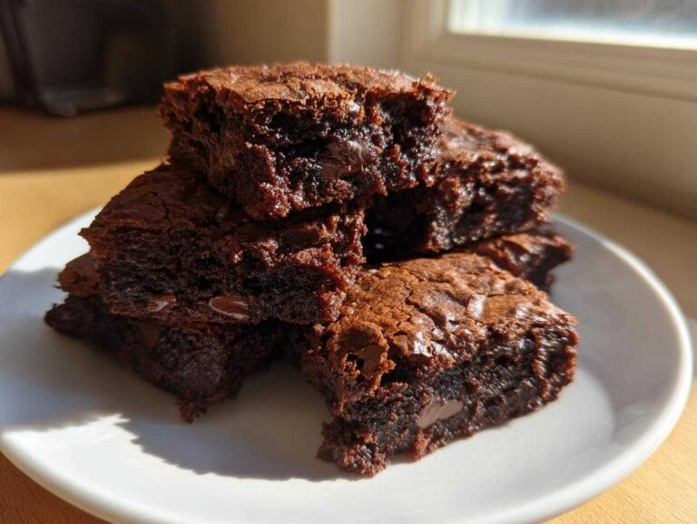Why Irresistibly Chewy Brown Butter: 2 Secrets A stack of irresistibly chewy brown butter brownies with visible chocolate chips on a white plate.