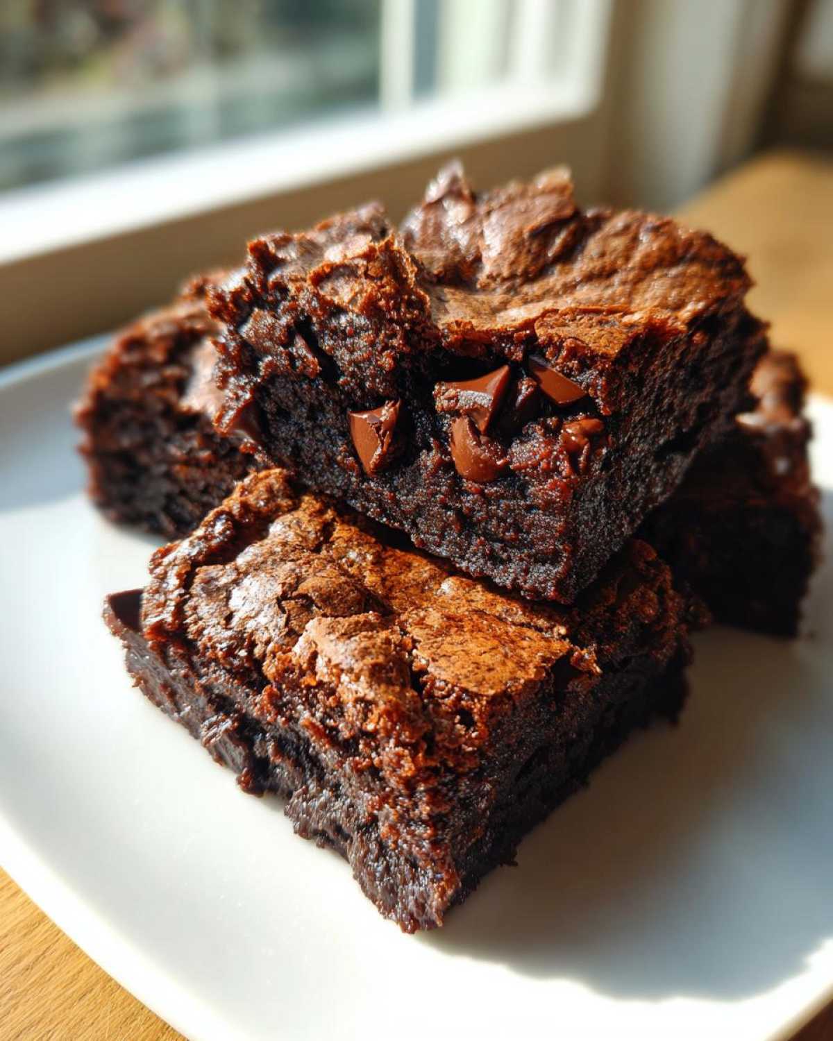 Close-up of rich, chewy brownies with flaky tops, likely made with brown butter, stacked on a white plate.