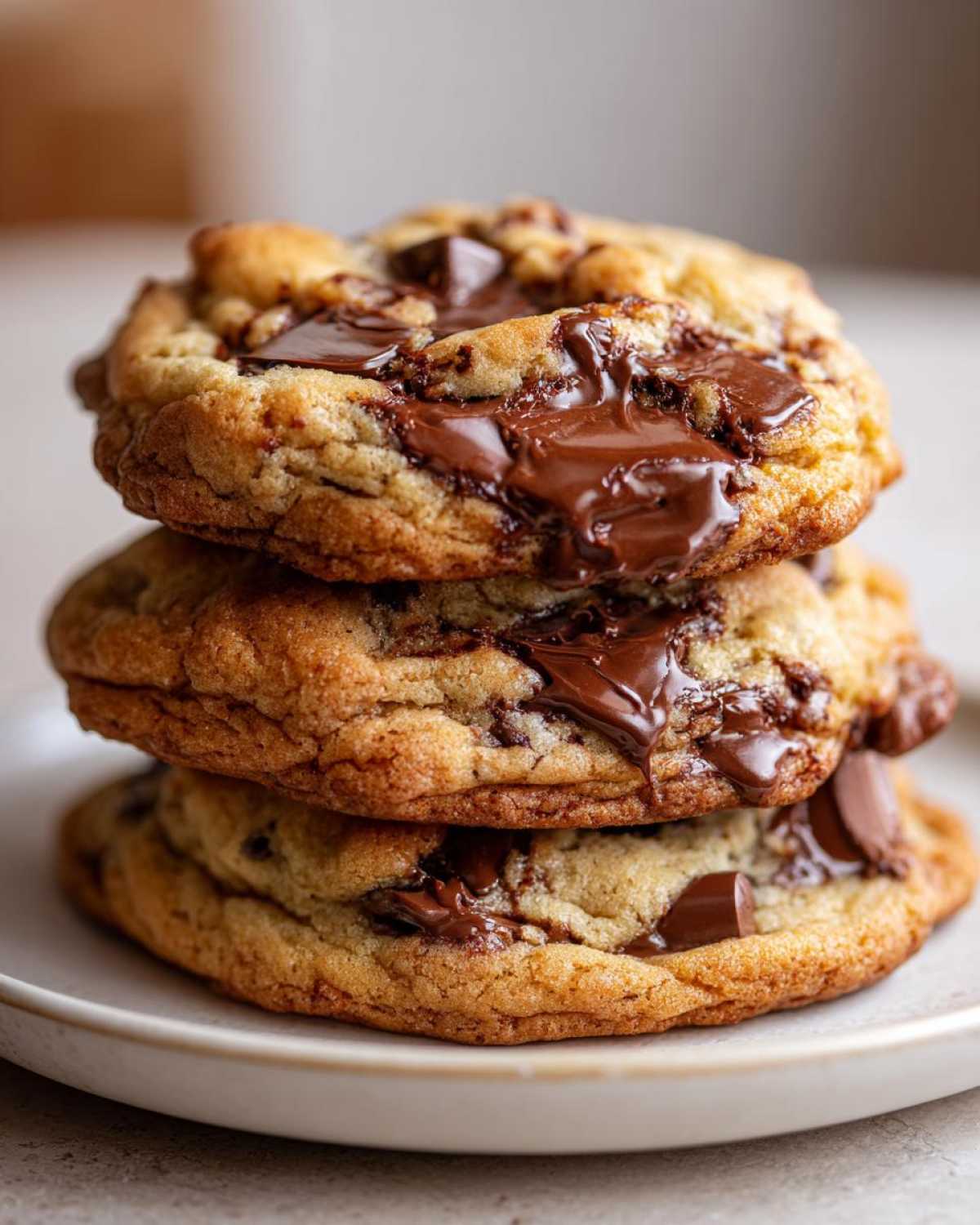 Close-up of a stack of three perfectly baked chewy chocolate chip cookies with gooey, melted chocolate chunks.