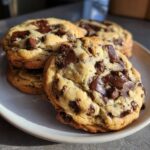 Close-up of several thick, golden chewy chocolate chip cookies piled on a light plate, featuring melted chocolate chunks.