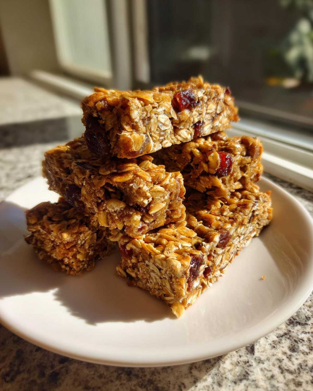 A stack of four chewy homemade granola bars made with oats and dried cranberries, sitting on a white plate.
