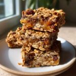 A stack of three chewy homemade granola bars packed with oats and dried fruit, sitting on a white plate.