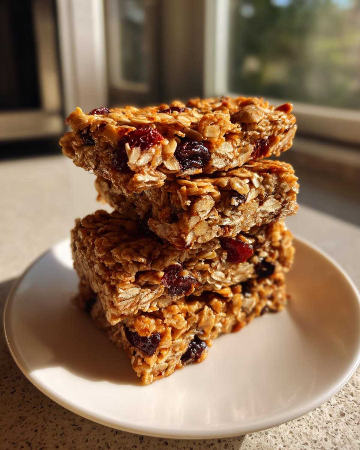 A stack of four chewy homemade granola bars packed with oats and dried cranberries, sitting on a white plate.