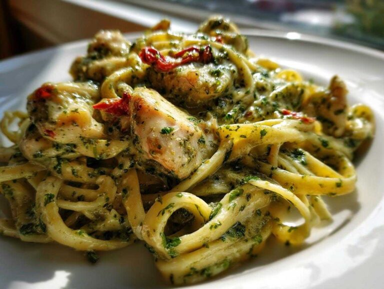 Close-up of creamy Chicken Pesto Pasta featuring fettuccine, chunks of chicken, and sun-dried tomatoes.