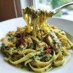 A fork lifting creamy fettuccine noodles coated in green pesto sauce from a bowl of Chicken Pesto Pasta with chunks of chicken.