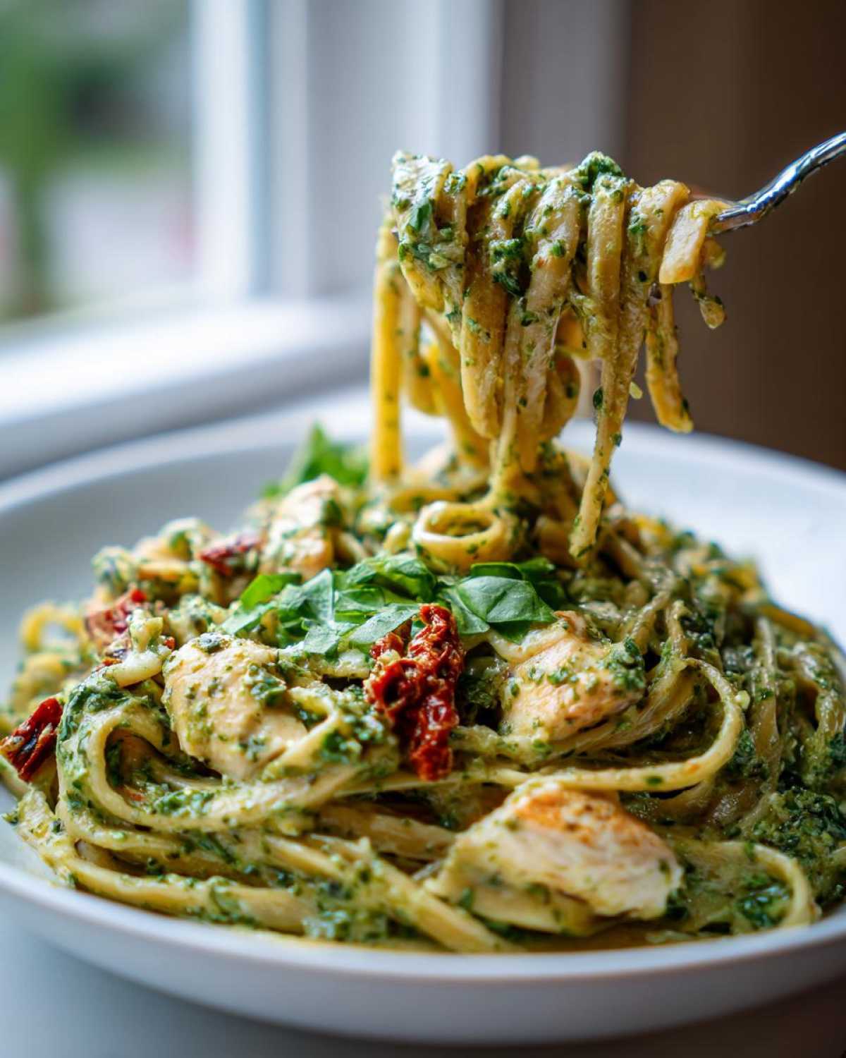 A fork lifts a twirl of fettuccine coated in green pesto sauce from a bowl of Chicken Pesto Pasta with chicken pieces and sun-dried tomatoes.