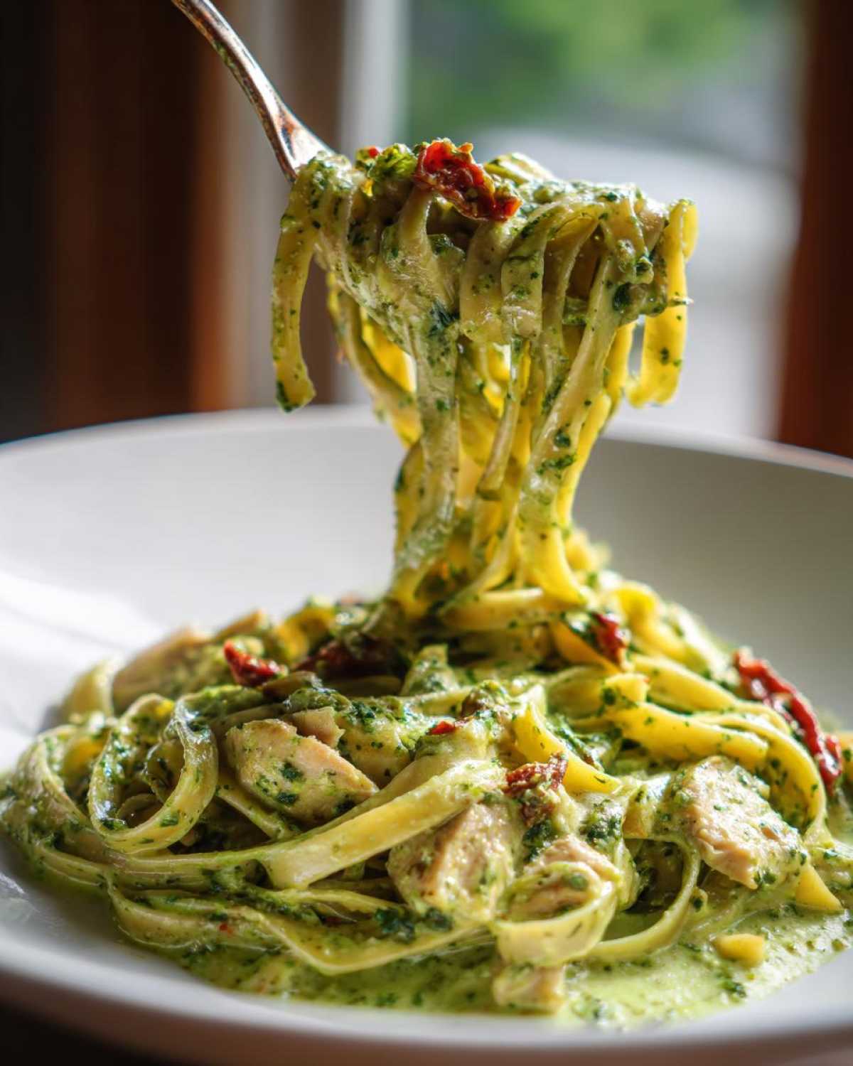 A fork lifts a generous swirl of fettuccine coated in creamy green pesto sauce, mixed with chicken pieces, from a bowl of Chicken Pesto Pasta.