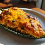 A single, perfectly baked Chicken Stuffed Poblano Pepper topped with melted, browned cheddar cheese.