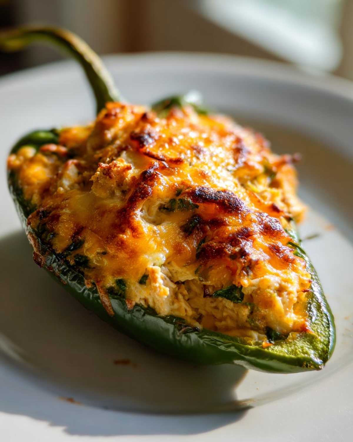 A single, vibrant green Chicken Stuffed Poblano Pepper topped with melted, browned cheese, served on a white plate.