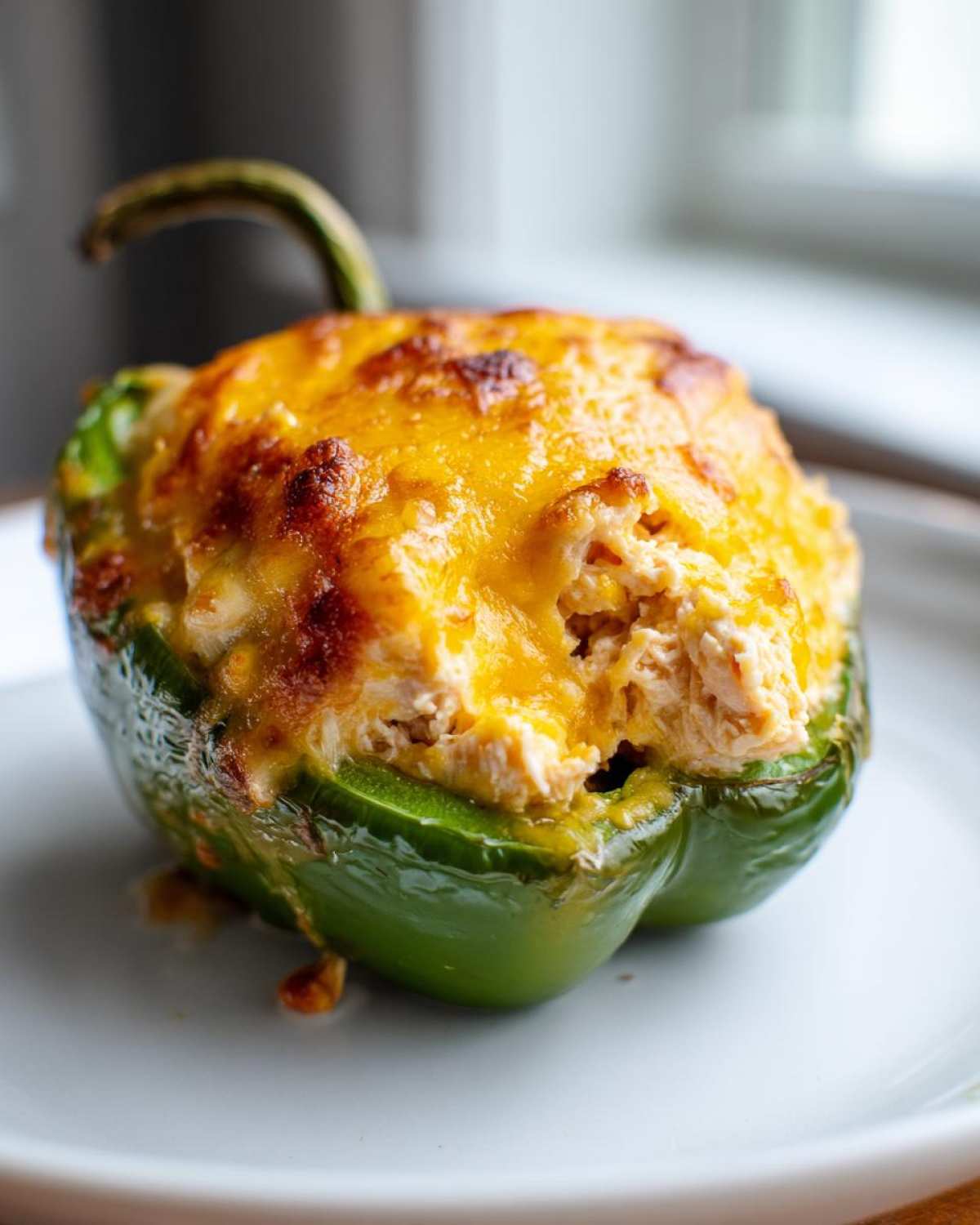 A close-up of a baked green poblano pepper overflowing with creamy chicken filling and topped with melted, browned cheese, ready to eat.