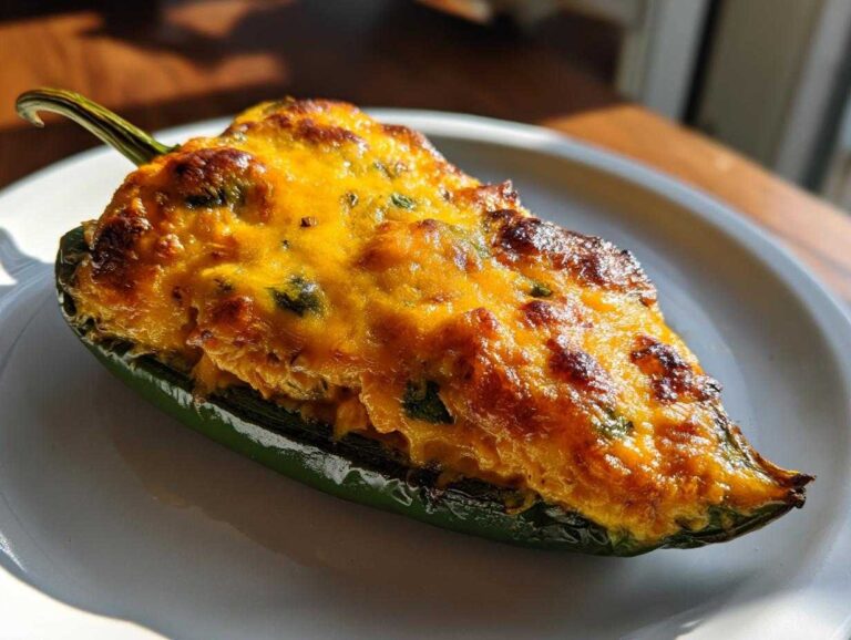 A single, perfectly baked Chicken Stuffed Poblano Pepper topped with melted, browned cheddar cheese.