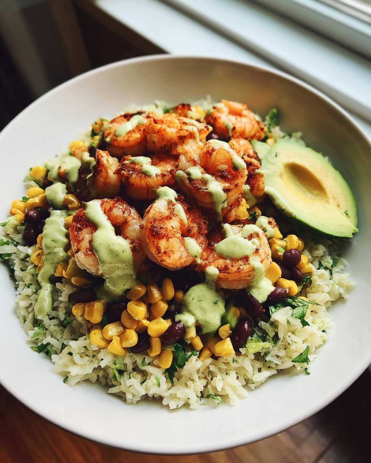 A close-up of a Chipotle Lime Shrimp Bowl featuring seasoned shrimp, cilantro-lime rice, corn, black beans, and avocado slices with a creamy green drizzle.