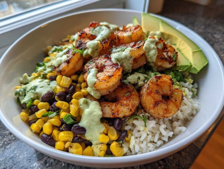 Close-up of a Chipotle Lime Shrimp Bowl featuring grilled shrimp, corn, black beans, rice, and a creamy green sauce.