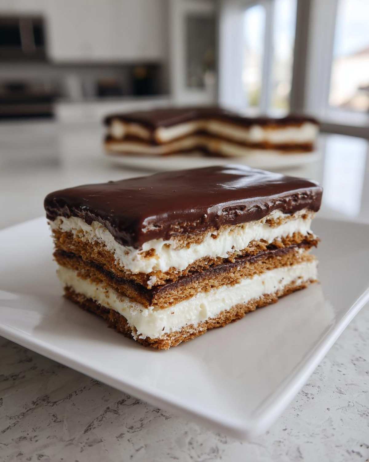 Close-up of a perfect slice of chocolate eclair cake showing graham cracker layers, cream filling, and chocolate glaze.