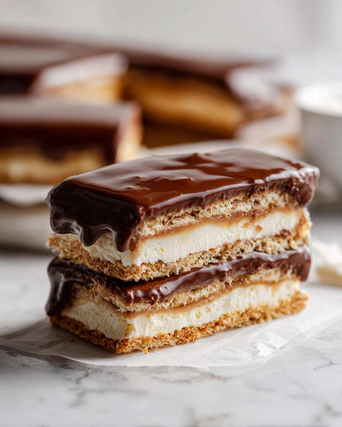 A decadent, stacked slice of chocolate eclair cake showing layers of graham crackers, cream filling, and rich chocolate glaze.