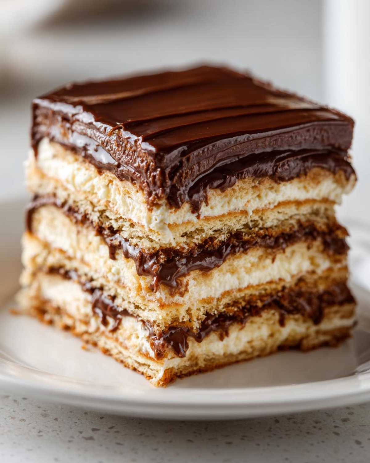 A decadent slice of chocolate eclair cake showing multiple layers of pastry, cream filling, and rich chocolate frosting.