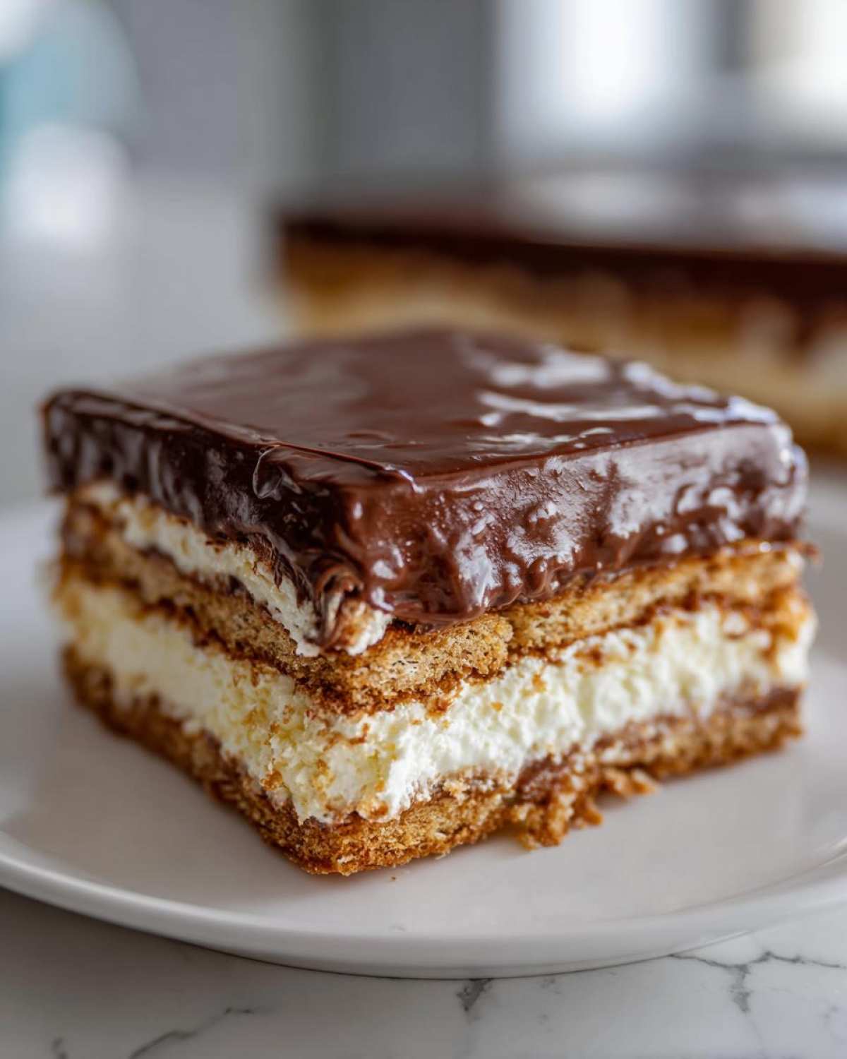 A square slice of chocolate eclair cake showing layers of graham crackers, cream filling, and thick chocolate frosting.