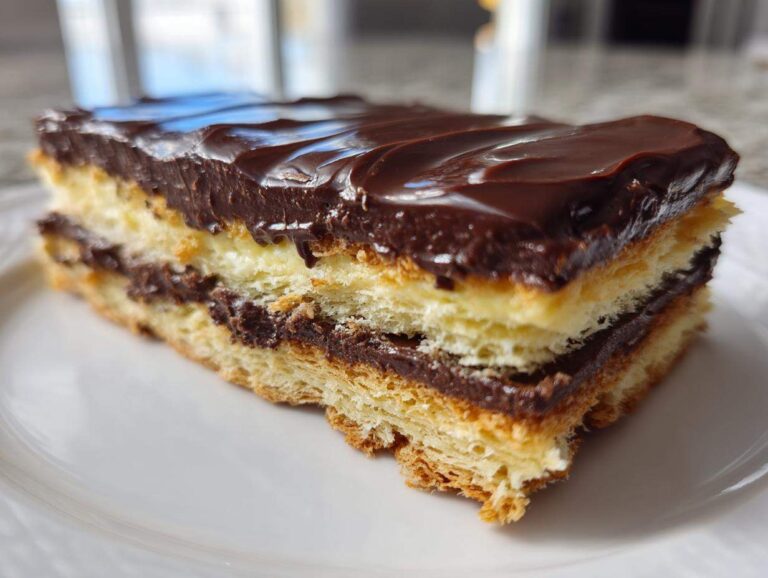 Close-up of a slice of chocolate eclair cake showing layers of pastry, cream, and rich chocolate frosting.